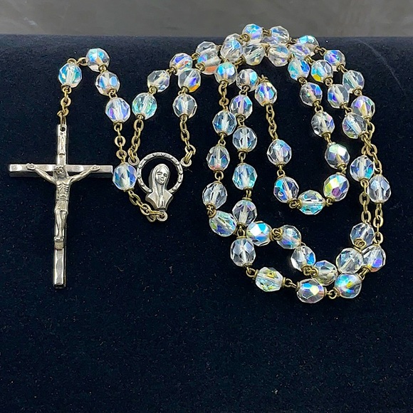 Italian Jewelry - Vtg.(1969) Italian Silver Aurora Borealis Crystal Beaded Silver Rosary